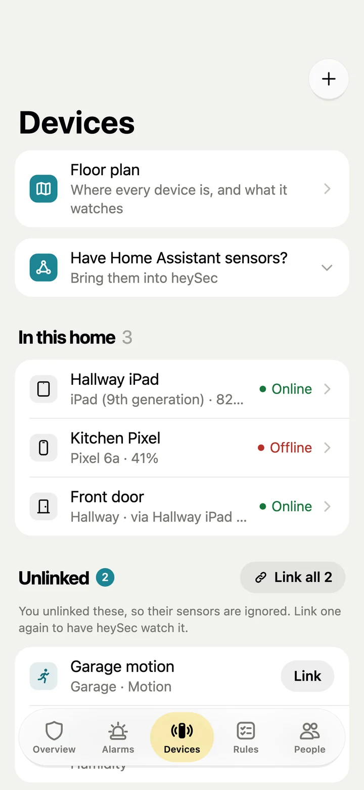 Devices screen: Hallway iPad and Front door online, Kitchen Pixel offline, with a floor plan shortcut and Home Assistant sensors to link.
