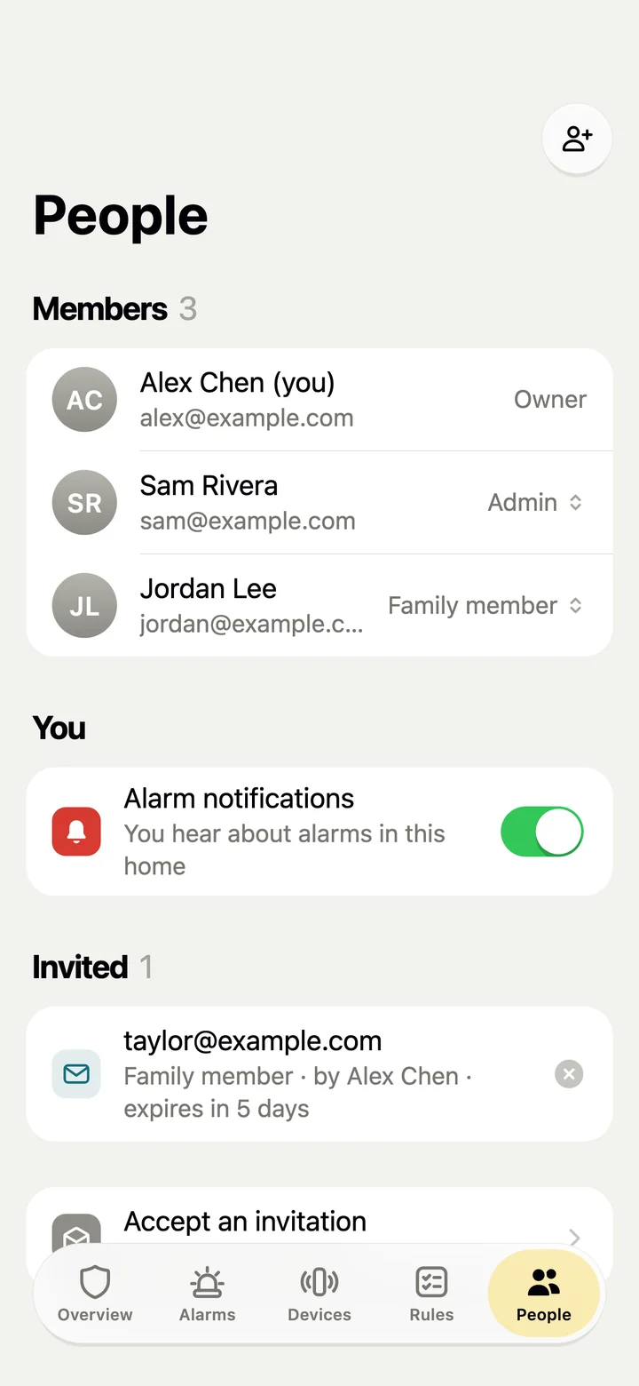 People screen: Alex Chen as owner, Sam Rivera as admin and Jordan Lee as family member, alarm notifications on, and one pending invitation.