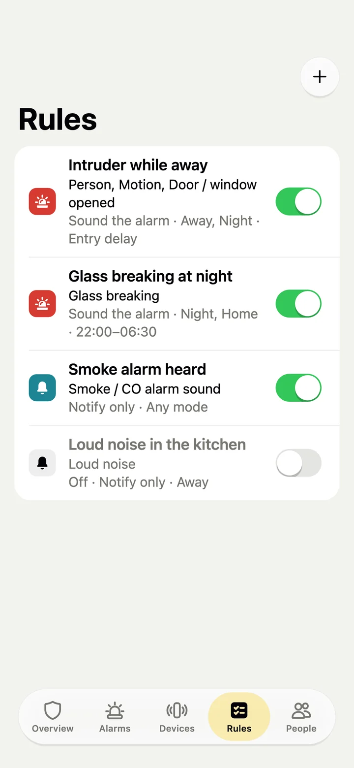 Rules screen: Intruder while away, Glass breaking at night 22:00–06:30, Smoke alarm heard in any mode, and a switched-off Loud noise in the kitchen rule.