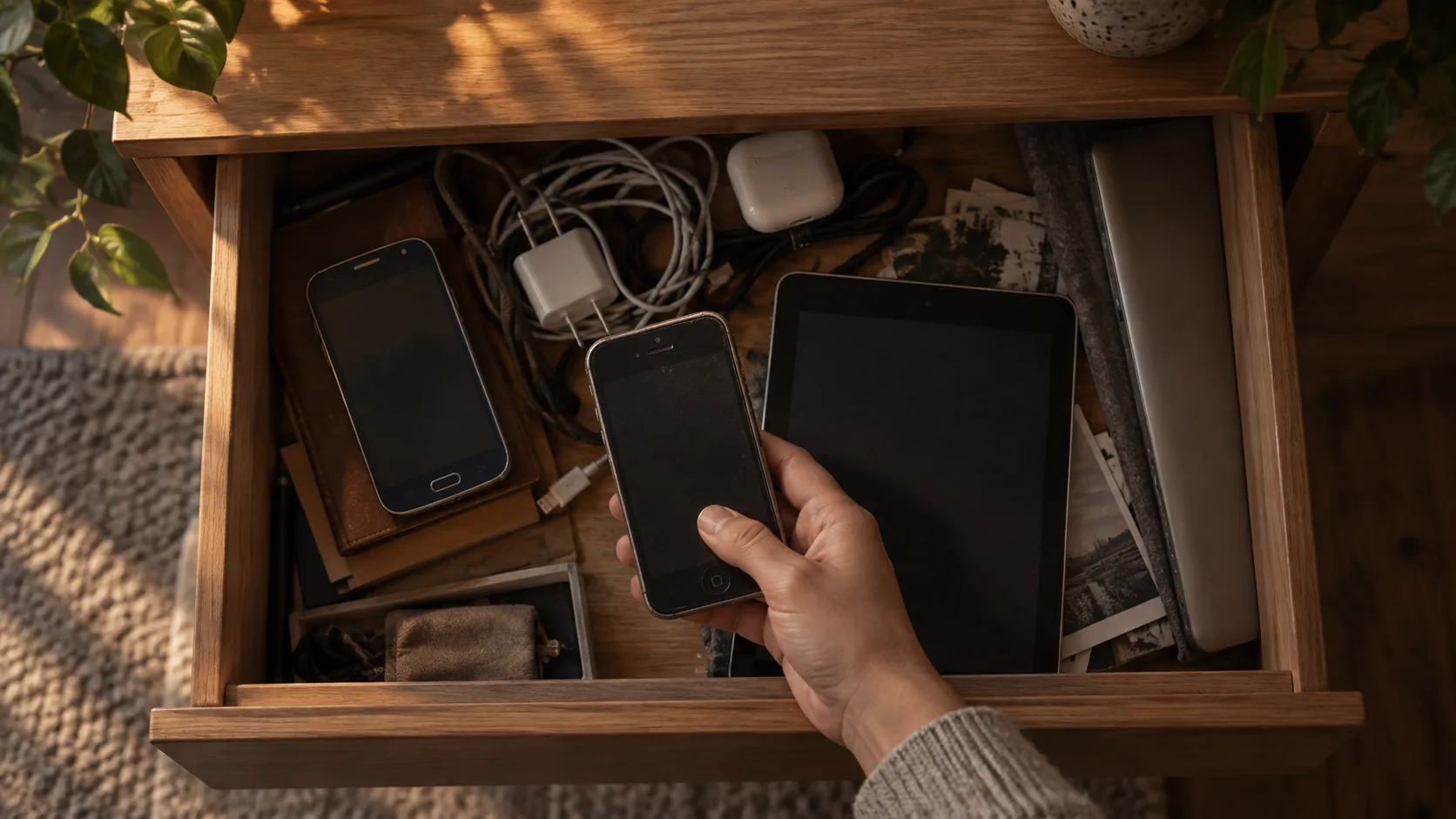 A hand lifting an old phone out of a drawer of forgotten phones, a tablet and chargers.