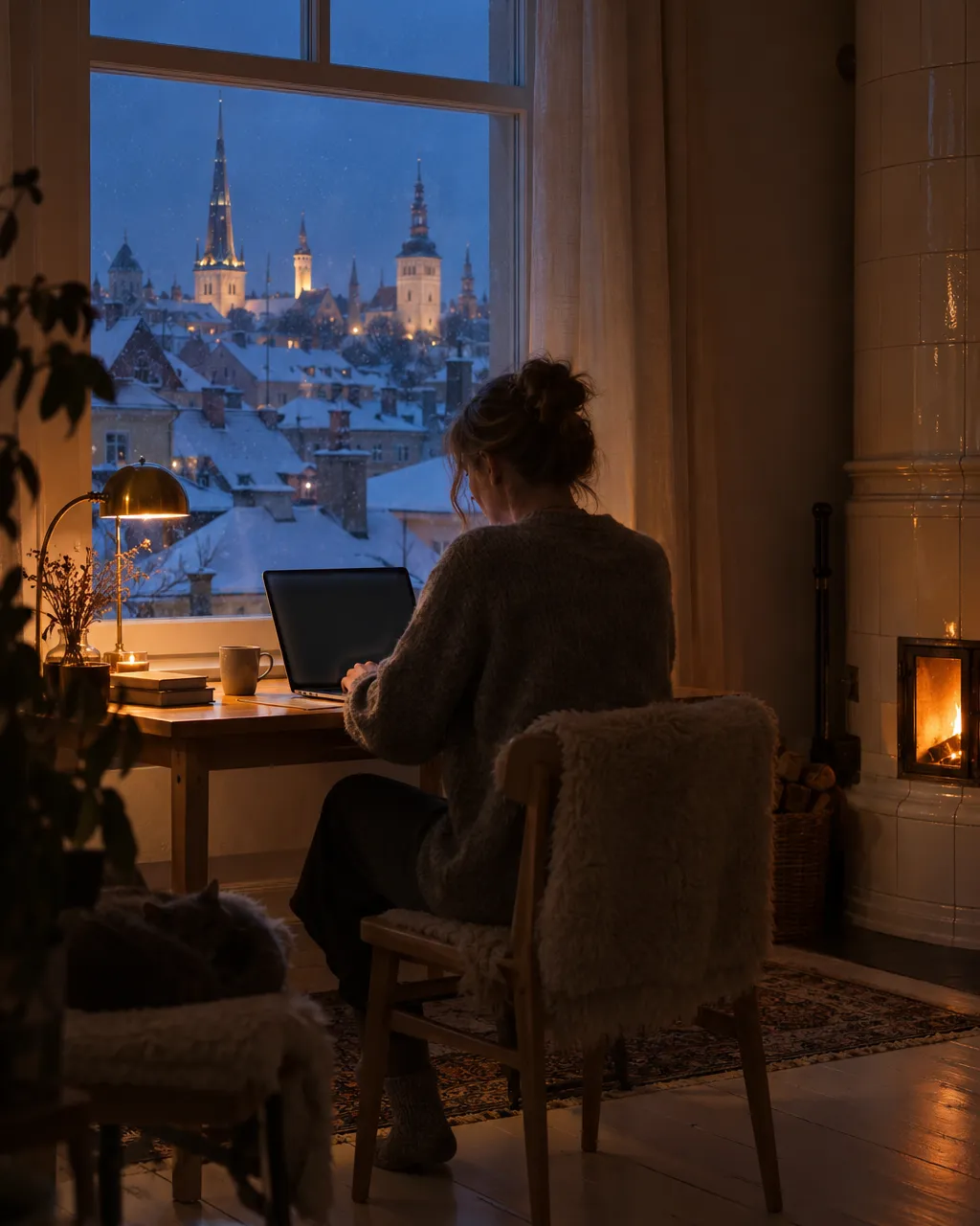 A person works at a laptop by the window of a wooden Tallinn flat on a snowy winter evening, the lit spires of the Old Town outside.
