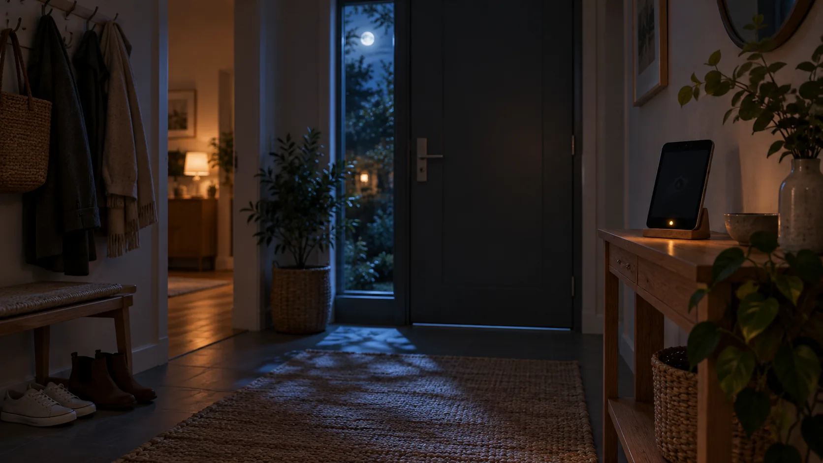 An old tablet on the hallway console at night, facing the front door.