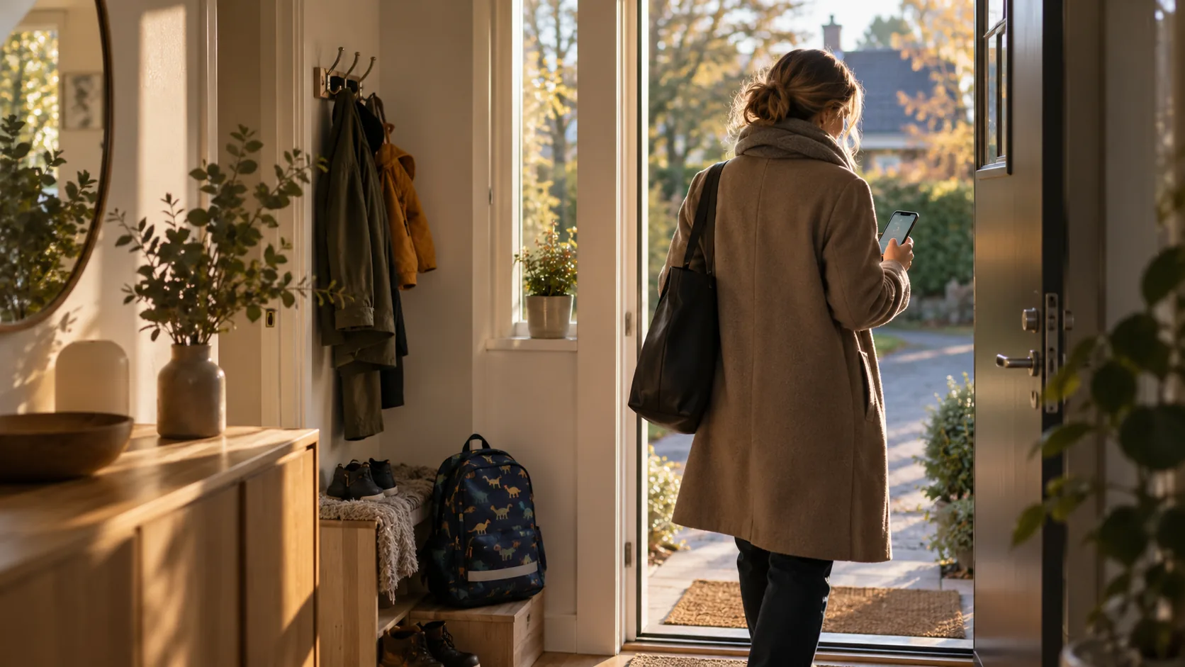 A parent leaving through the front door in the morning, glancing at their phone.