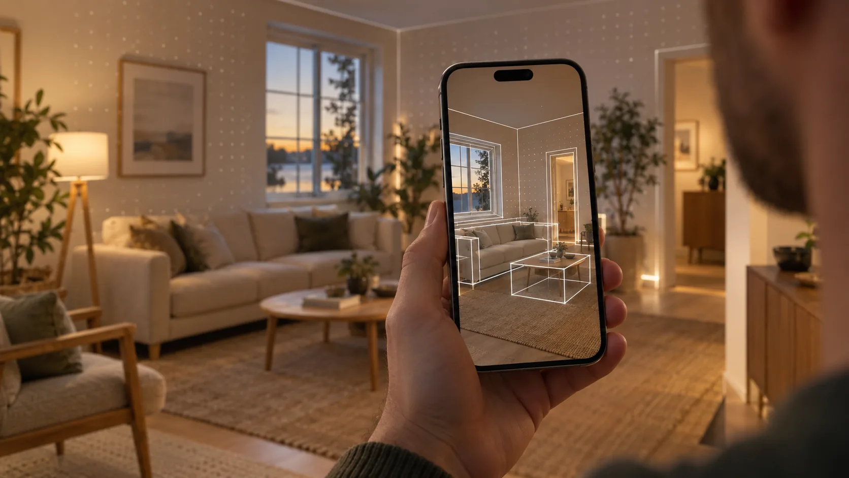 A hand holding up an iPhone in a living room. On its screen, the room scan traces the walls, the window and the doorway in white lines and boxes in the sofa and the coffee table.