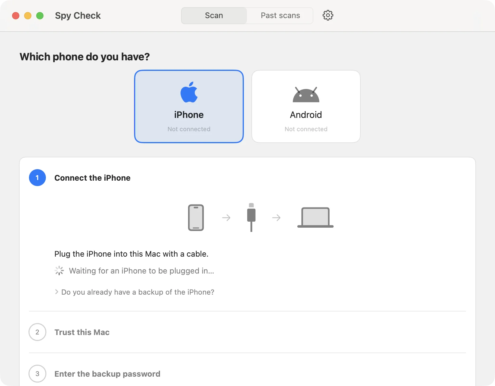 Spy Check’s iPhone guide: step 1, Connect the iPhone, with a picture of a phone, a cable and a Mac, then step 2, Trust this Mac, and step 3, Enter the backup password.