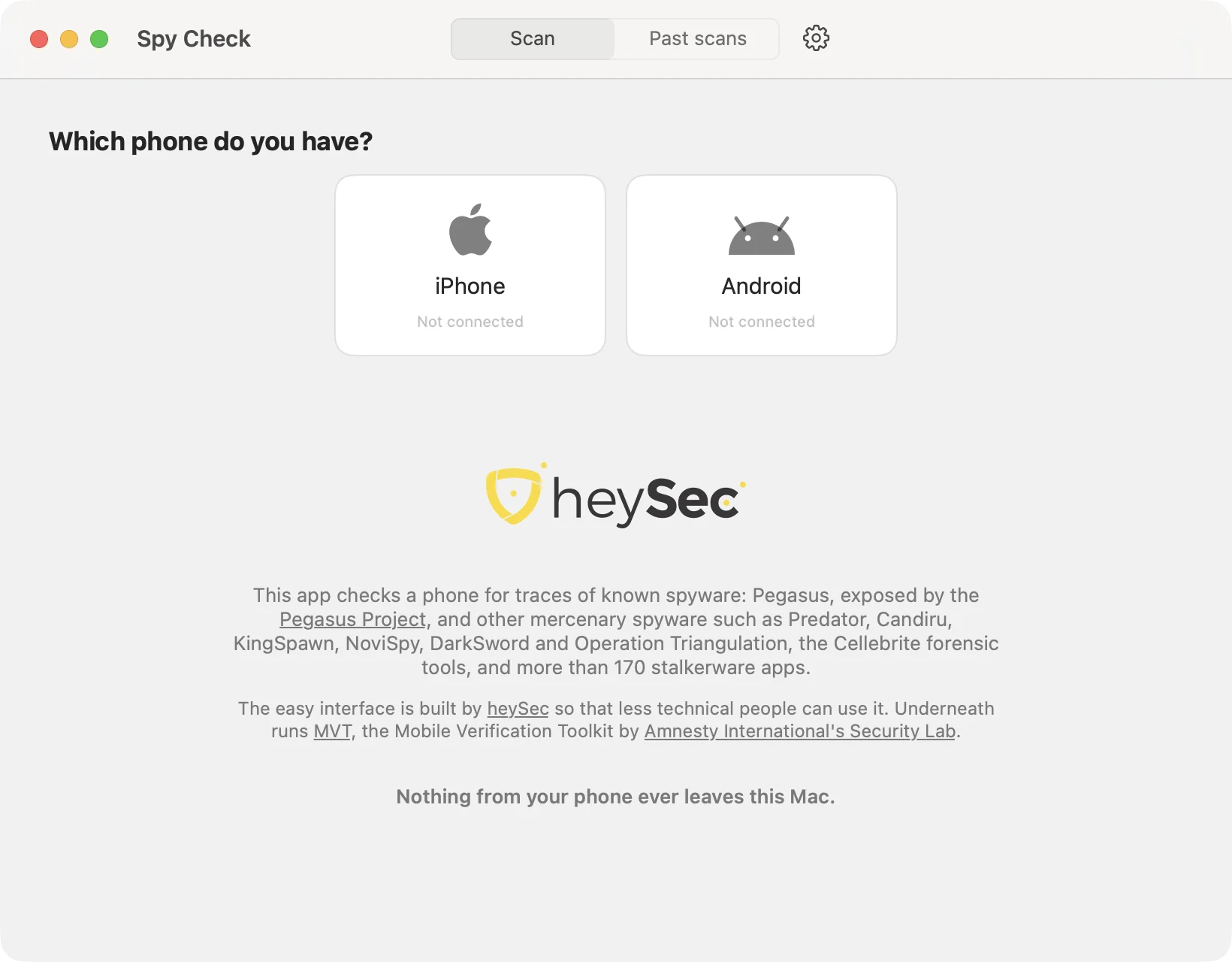 The Spy Check app on a Mac, asking which phone you have: iPhone or Android.