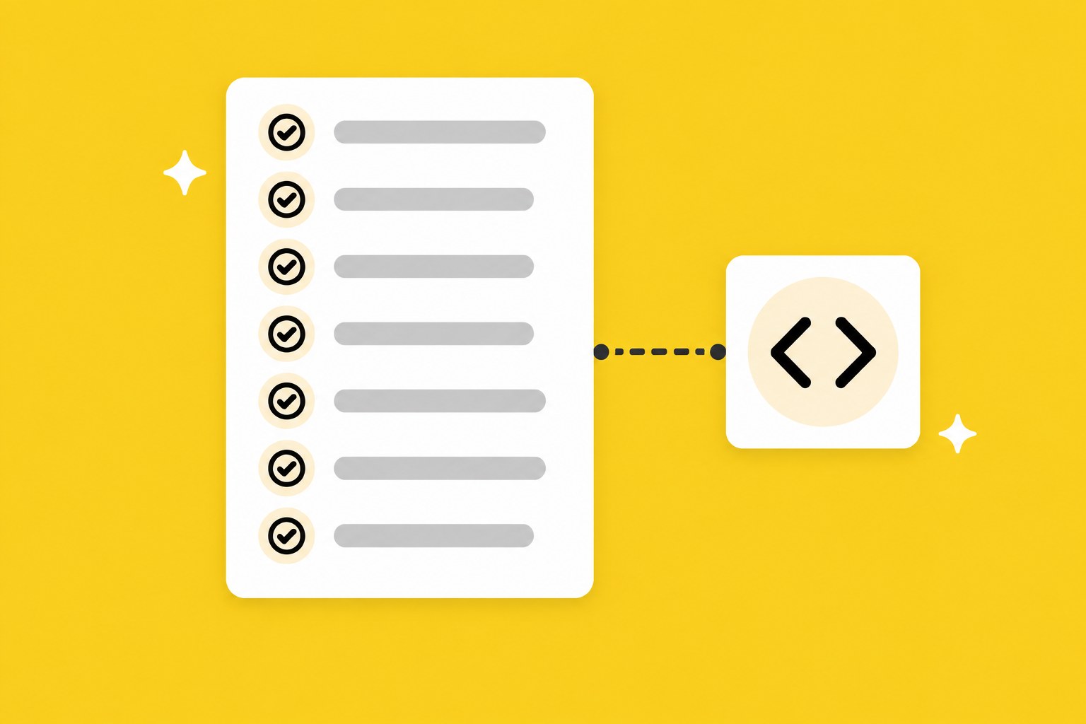 Illustration: a checklist card with seven ticked items linked to a code card, on sunflower yellow.