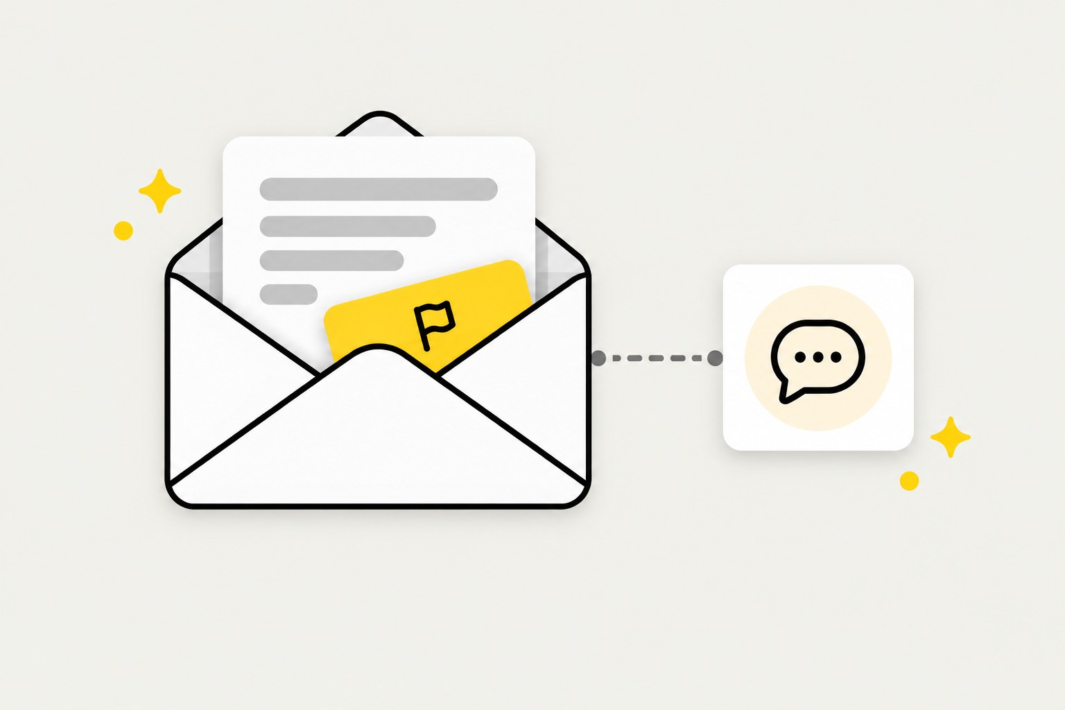 Illustration: an open envelope with a flagged yellow slip hidden in the letter, linked to a chat assistant, on a warm light ground.