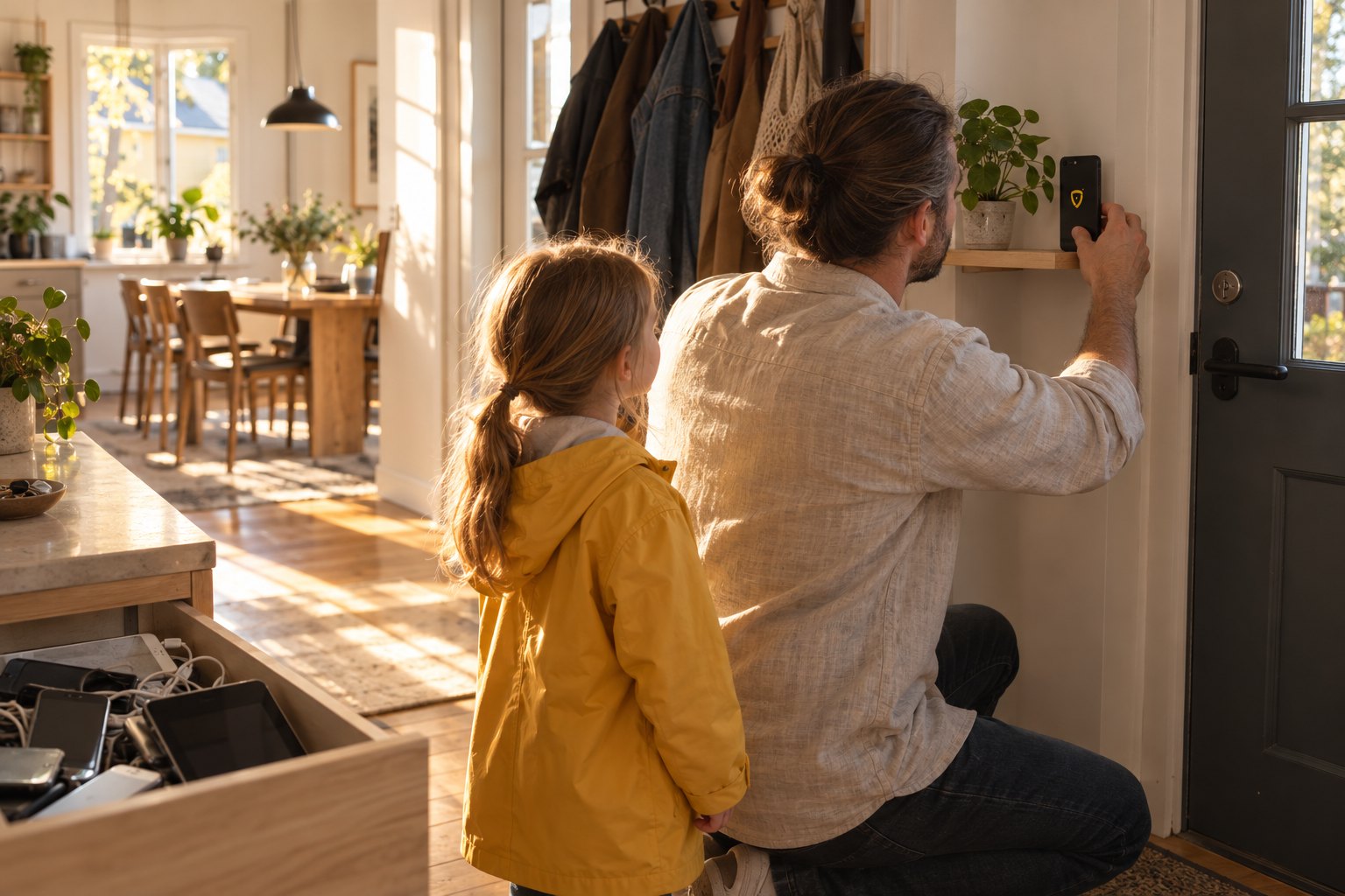 A father props an old phone on a shelf by the front door as his daughter watches, a drawer of old phones open behind them.